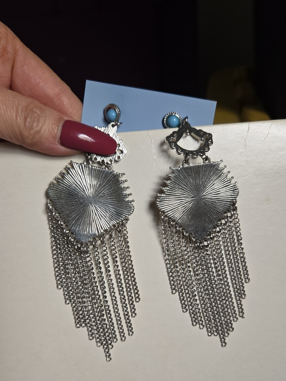 Vintage Silver Filigree Chandelier Earrings with Fuax Turquoise Studs - Picture 7 of 15
